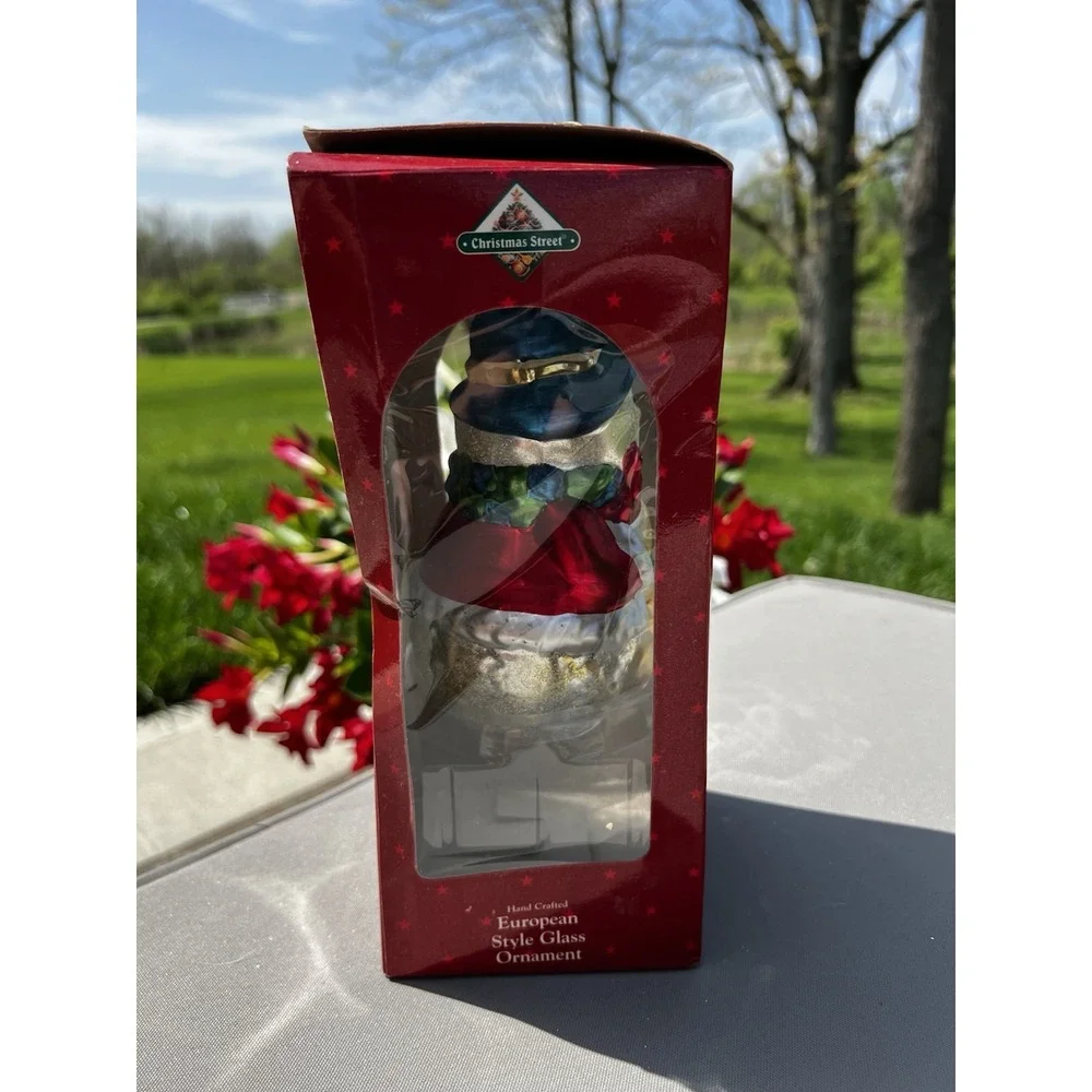 Christmas Street Snowman Glass Ornament Hand Painted European‎ Style Boxed Vtg